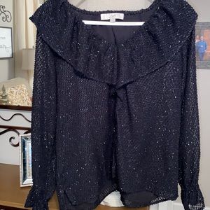 NWOT holiday Loft black/gold long-sleeve ruffle top, never worn.
